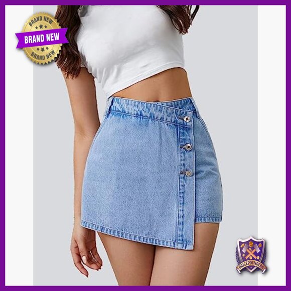 High Waisted Stretchy Denim Skort Asymmetrical Mini with Shorts - Picture 5 of 7